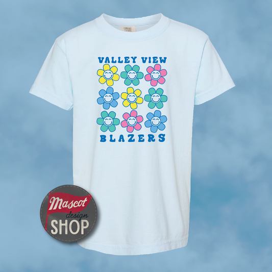 Valley View Smiley Flowers Graphic Tee - Chambray Comfort Colors